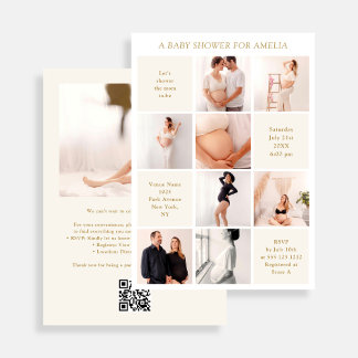 Convites Modern 9 Photo Collage White Ivory Baby Shower