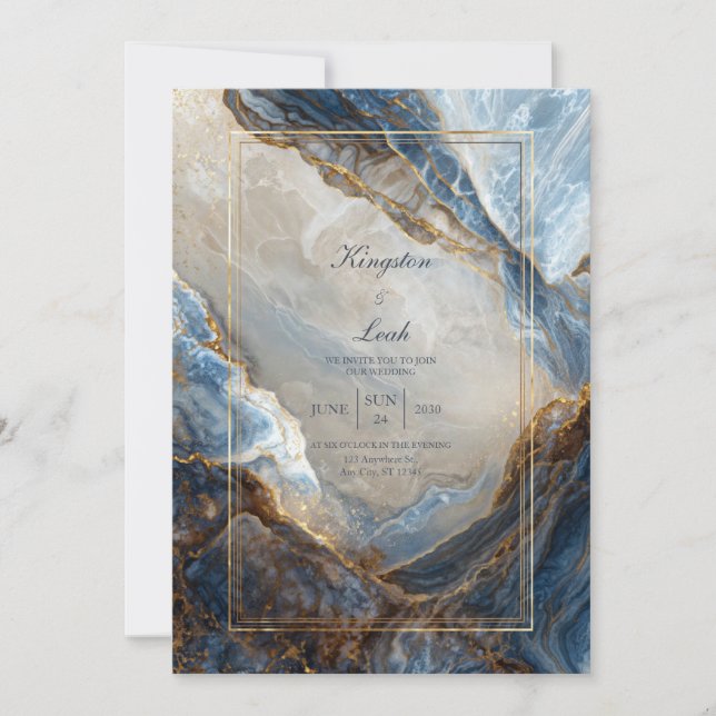 Convites Modern Abstract Navy Bronze Gilded Marble Wedding (Frente)