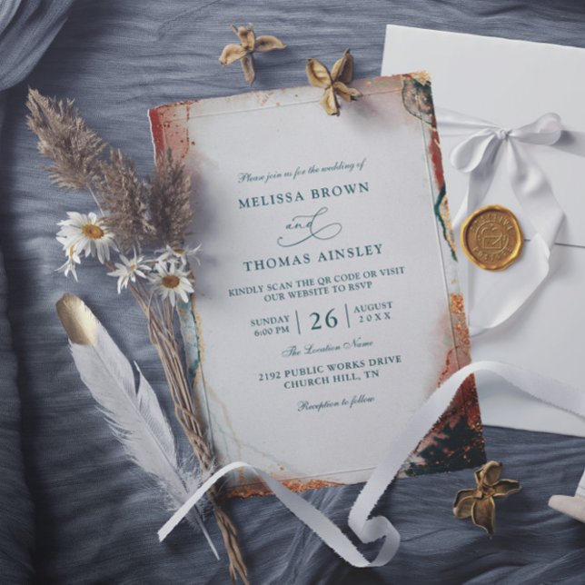 Convites Modern Abstract Teal Foil Budget QR Code Wedding (Criador carregado)