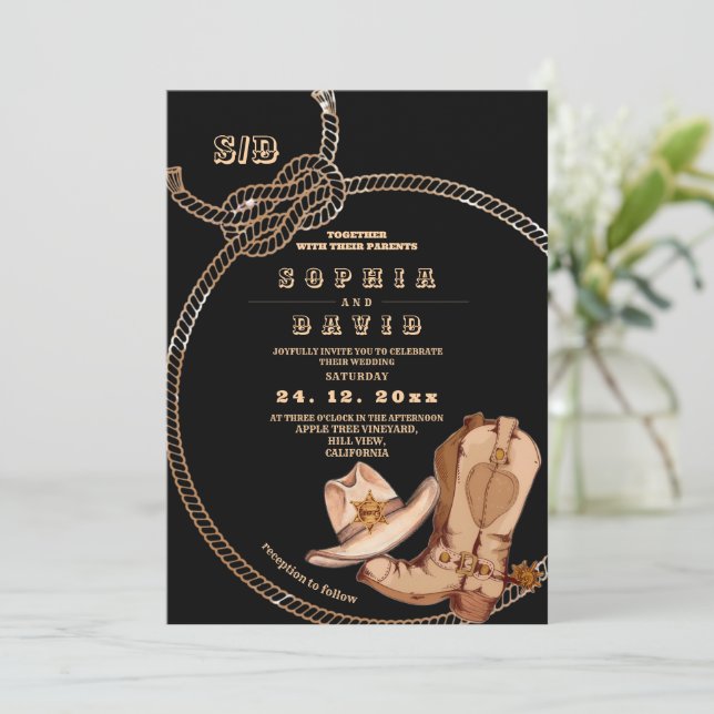 Convites Modern and Minimal Western Cowboy Boots Wedding  (Em pé/Frente)