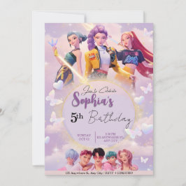 Convites Modern Anime Girl Squad Neon Purple Birthday 