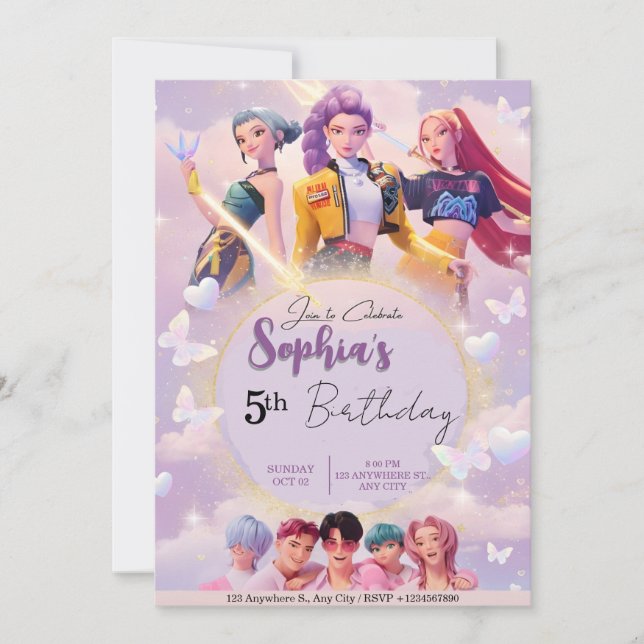 Convites Modern Anime Girl Squad Neon Purple Birthday  (Frente)