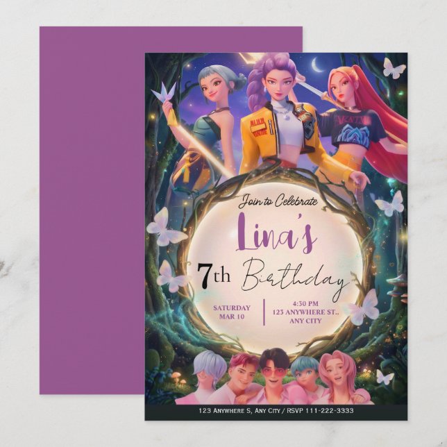 Convites Modern Anime Girl Squad Neon Purple Birthday (Frente/Verso)