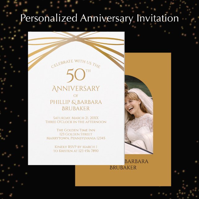 Convites Modern Arch Photo Golden 50th Anniversary Party (Personalize these elegant arch photo Golden 50th wedding anniversary invitations.
)