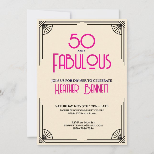 Convites Modern Art Deco 50 and Fabulous Birthday  (Frente)
