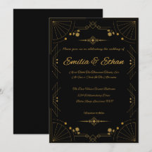 Modern Art Deco Black and Gold Wedding Invitation