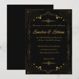 Convites Modern Art Deco Black and Gold Wedding Invitation