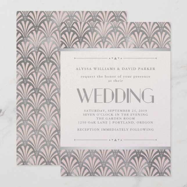 Convites Modern Art Deco | Blush e Faux Silver Weds (Frente/Verso)