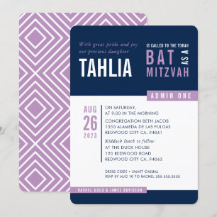 Convites MODERN BAT MITZVAH bloco marinho azul roxo