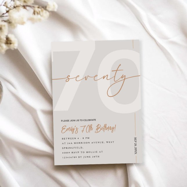 Convites Modern Beige & Gold 70th Birthday Invitation (Criador carregado)