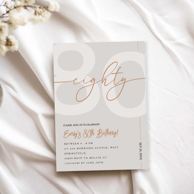 Convites Modern Beige & Gold 80th Birthday Invitation (Criador carregado)