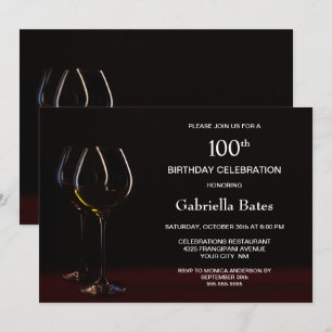 Convites Modern Black 100th Birthday Wine Glass Party