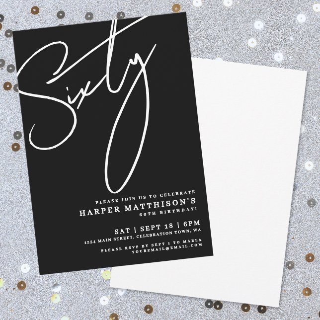 Convites Modern Black 60th Birthday Party (Modern Black 60th Birthday Party Invitation)