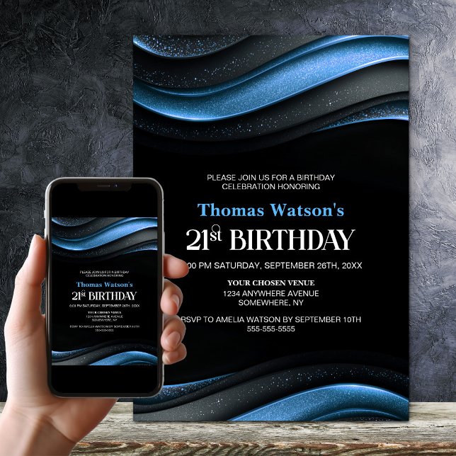 Convites Modern Black and Blue 21st Birthday Party (Criador carregado)