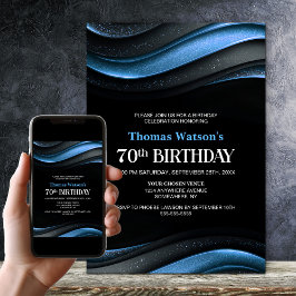 Convites Modern Black and Blue 70th Birthday Party