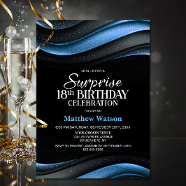 Convites Modern Black and Blue Surprise 18th Birthday Party