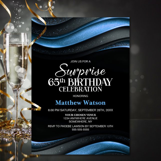 Convites Modern Black and Blue Surprise 65th Birthday Party (Criador carregado)