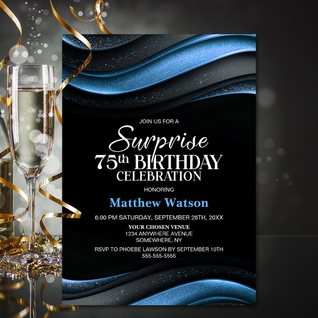 Convites Modern Black and Blue Surprise 75th Birthday Party (Criador carregado)