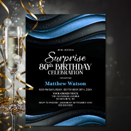 Convites Modern Black and Blue Surprise 80th Birthday Party