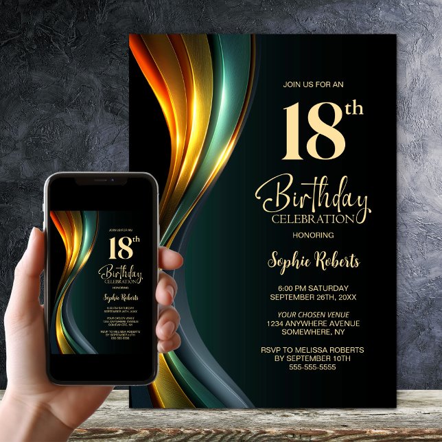 Convites Modern Black and Gold 18th Birthday Party (Criador carregado)