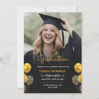 Convites Modern Black and Gold Photo Graduation Party