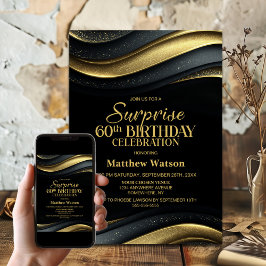 Convites Modern Black and Gold Surprise 60th Birthday Party