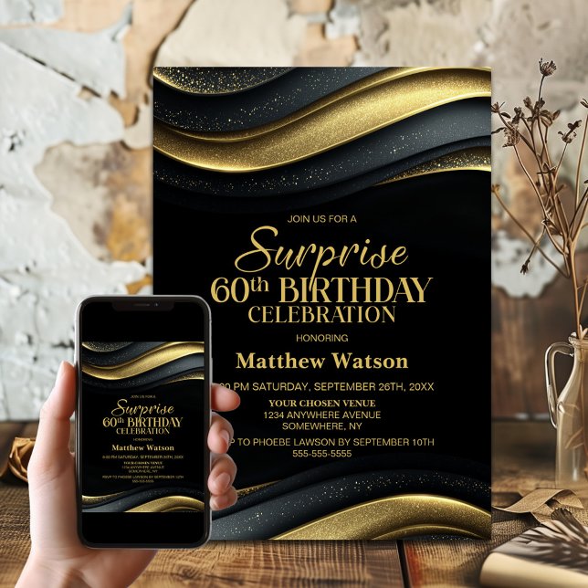 Convites Modern Black and Gold Surprise 60th Birthday Party (Criador carregado)