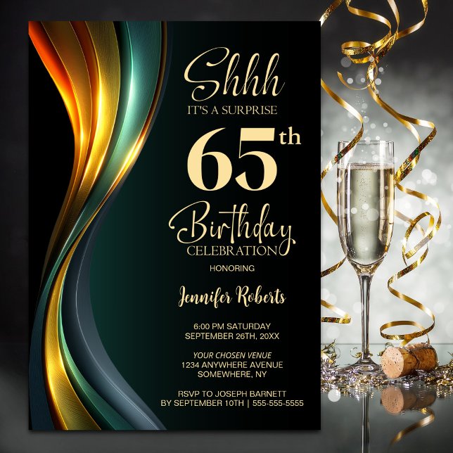 Convites Modern Black and Gold Surprise 65th Birthday Party (Criador carregado)