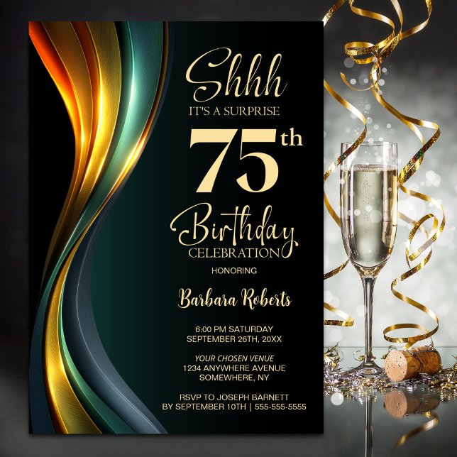 Convites Modern Black and Gold Surprise 75th Birthday Party (Criador carregado)