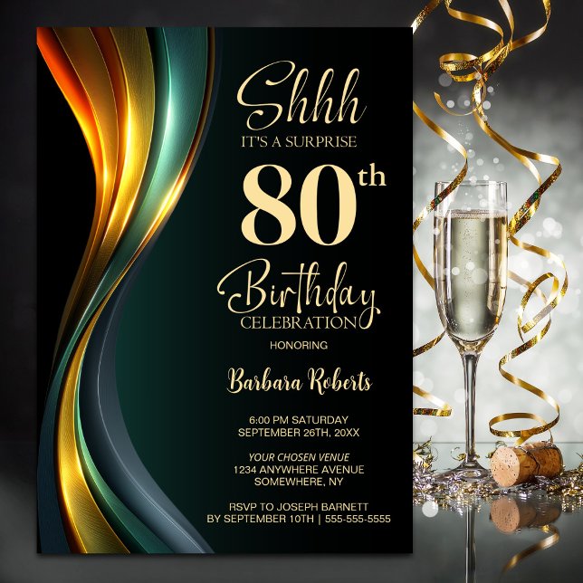 Convites Modern Black and Gold Surprise 80th Birthday Party (Criador carregado)