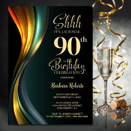 Convites Modern Black and Gold Surprise 90th Birthday Party
