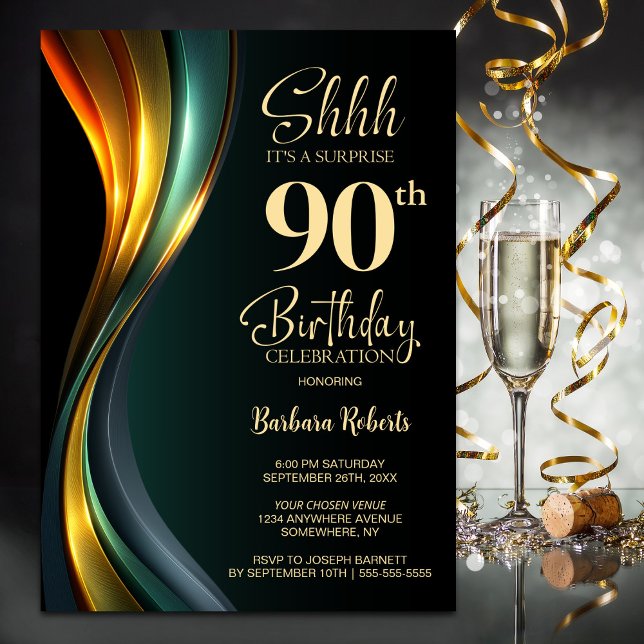 Convites Modern Black and Gold Surprise 90th Birthday Party (Criador carregado)