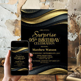Convites Modern Black and Gold Surprise 95th Birthday Party