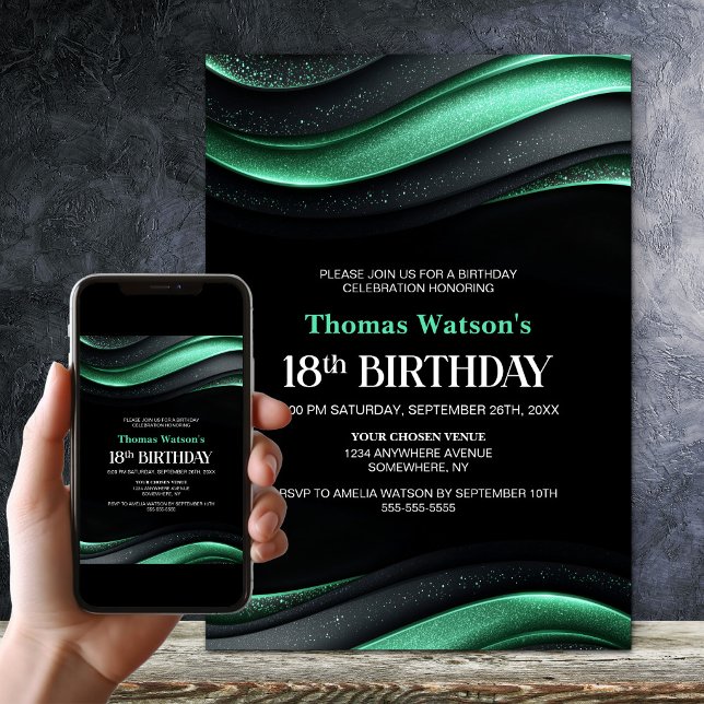 Convites Modern Black and Green 18th Birthday Party (Criador carregado)