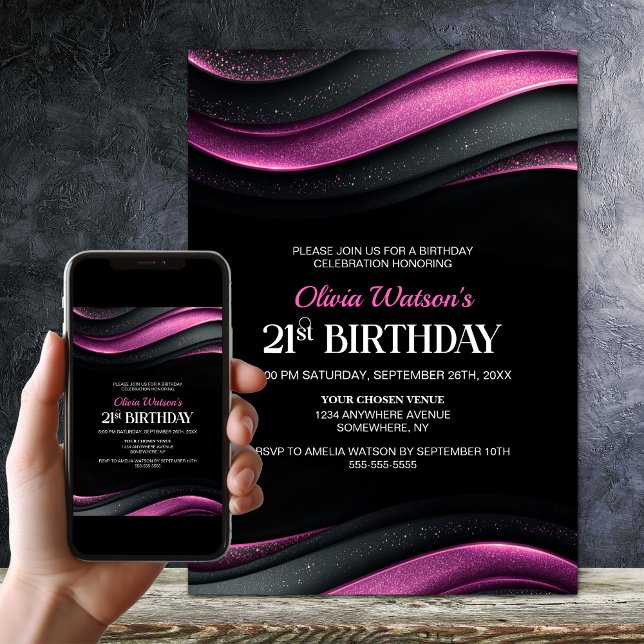 Convites Modern Black and Pink 21st Birthday Party (Criador carregado)