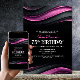 Convites Modern Black and Pink 75th Birthday Party