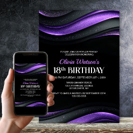 Convites Modern Black and Purple 18th Birthday Party