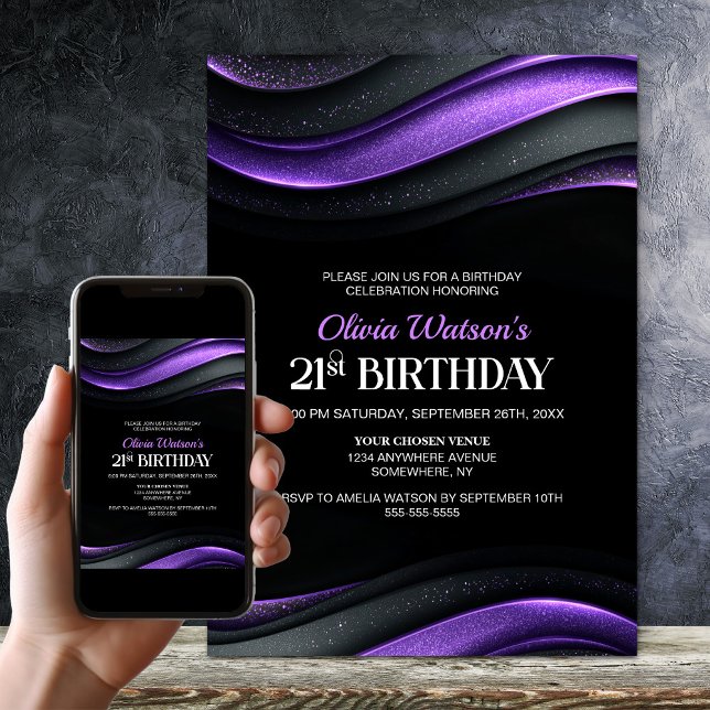 Convites Modern Black and Purple 21st Birthday Party (Criador carregado)