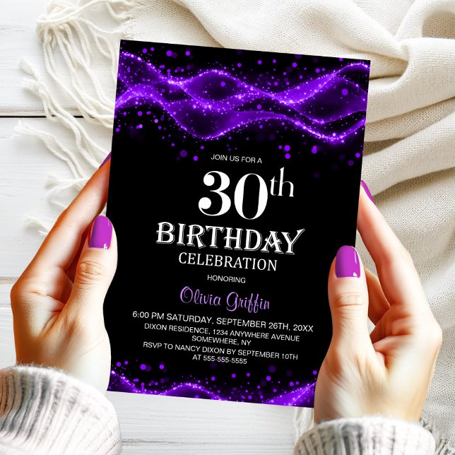 Convites Modern Black and Purple 30th Birthday Party (Criador carregado)