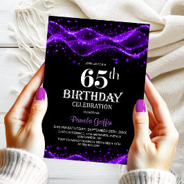 Convites Modern Black and Purple 65th Birthday Party