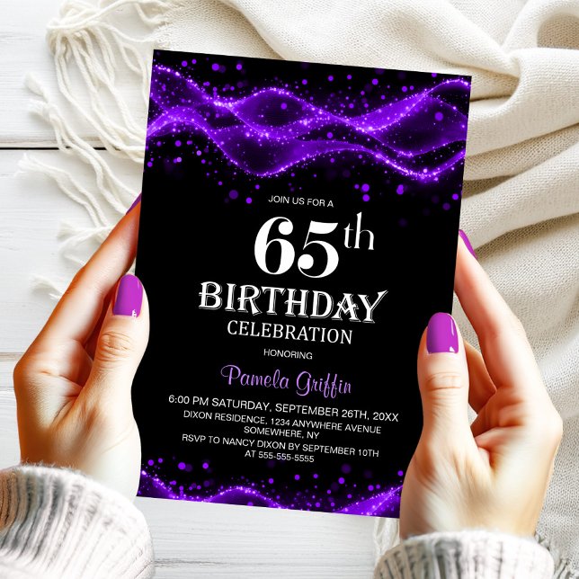 Convites Modern Black and Purple 65th Birthday Party (Criador carregado)