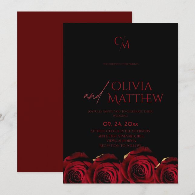 Convites Modern Black and Red Roses Wedding (Frente/Verso)
