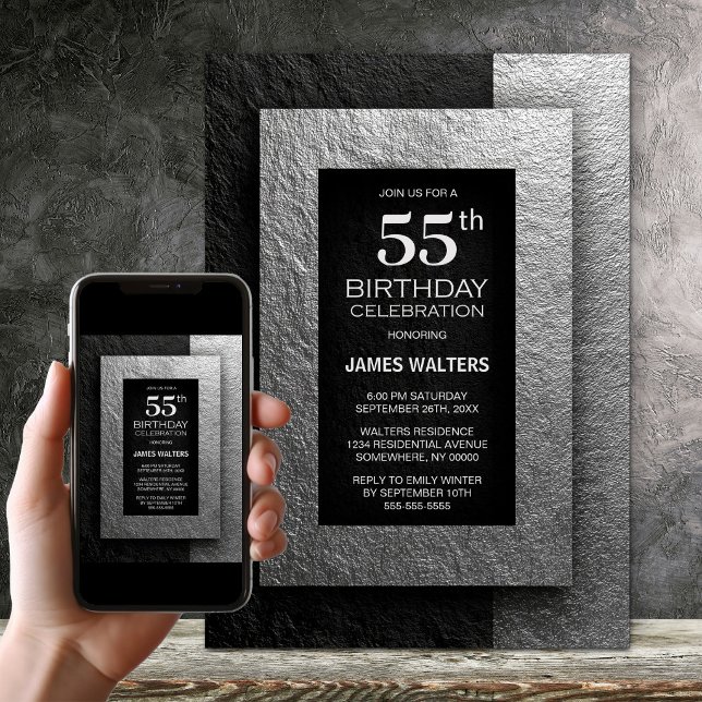 Convites Modern Black and Silver 55th Birthday Party (Criador carregado)