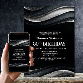 Convites Modern Black and Silver 60th Birthday Party