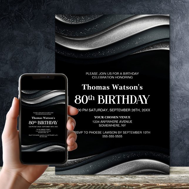 Convites Modern Black and Silver 80th Birthday Party (Criador carregado)