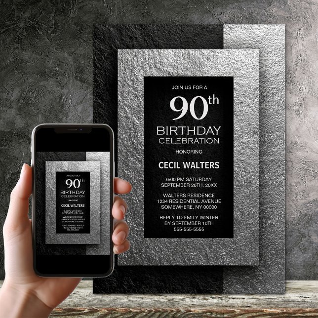 Convites Modern Black and Silver 90th Birthday Party (Criador carregado)