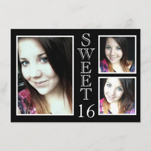 Convites Modern Black and White 3 Photo Sweet 16