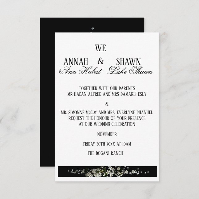Convites Modern Black and White Floral Wedding Invitation (Frente/Verso)