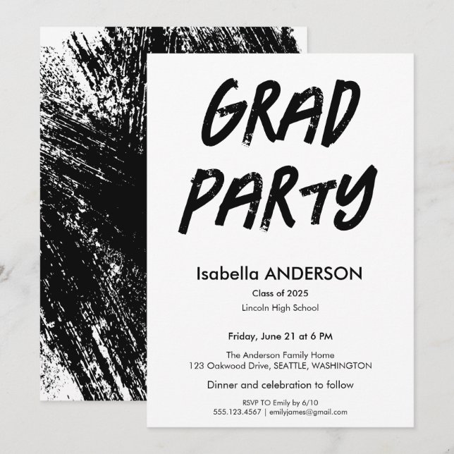 Convites Modern Black and White Graduation Party (Frente/Verso)