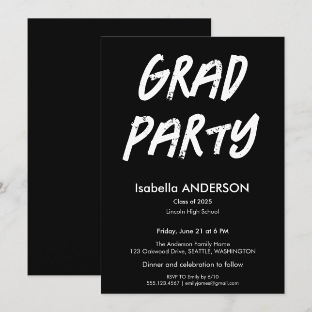 Convites Modern Black and White Graduation Party (Frente/Verso)